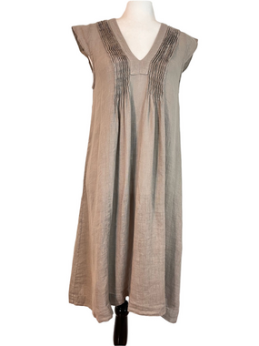 Sauths 100% Linen Pin Tuck V-Neck Midi Dress Small Taupe Coastal Grandma Gauzy